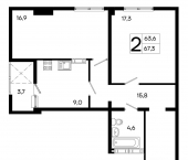 2-комн, 67 кв м, этаж 11/16 улица Трубаченко, 21
