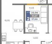 2-комн, 54 кв м, этаж 3/9 ЖК Сфера