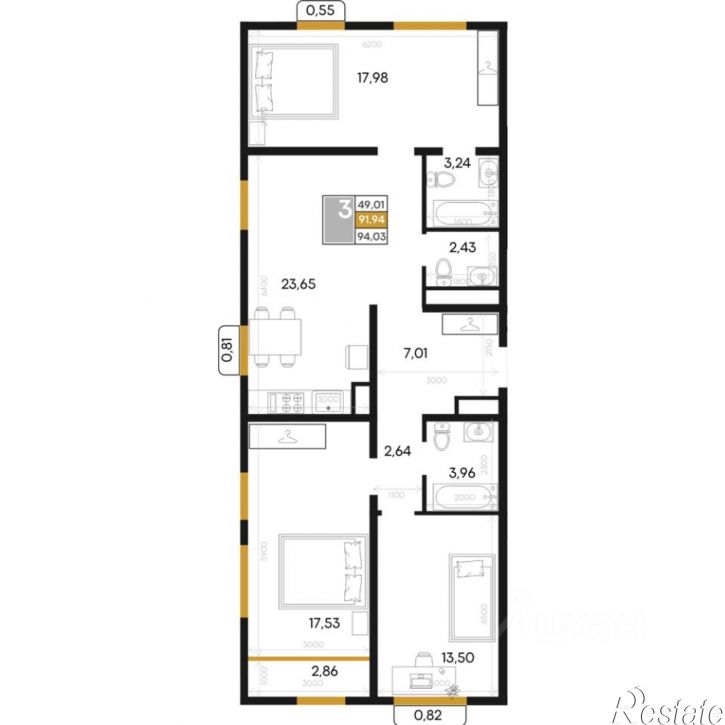 3-комн квартира в новом доме Севастопольская улица, 39,  д. 39