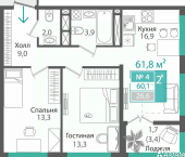 2-комн, 60 кв м, этаж 3/16 улица Андрея Карлова