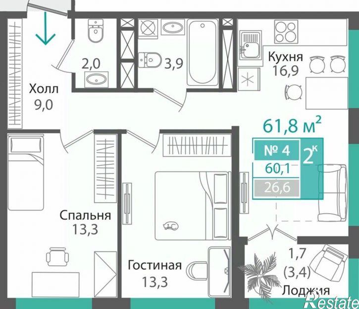 2-комн квартира в новом доме улица Андрея Карлова
