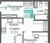 1-комн, 42 кв м, этаж 4/8 Киевский район