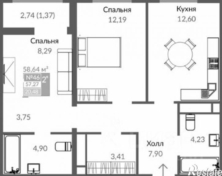 2-комн квартира в новом доме
