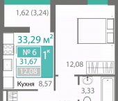 1-комн, 31 кв м, этаж 2/10 Киевский район