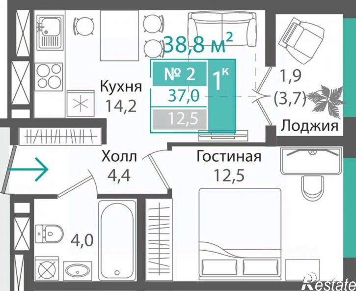 1-комн квартира в новом доме улица Андрея Карлова
