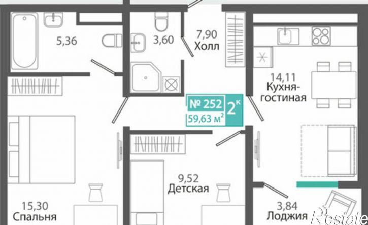 2-комн квартира в новом доме ЖК Розмарин