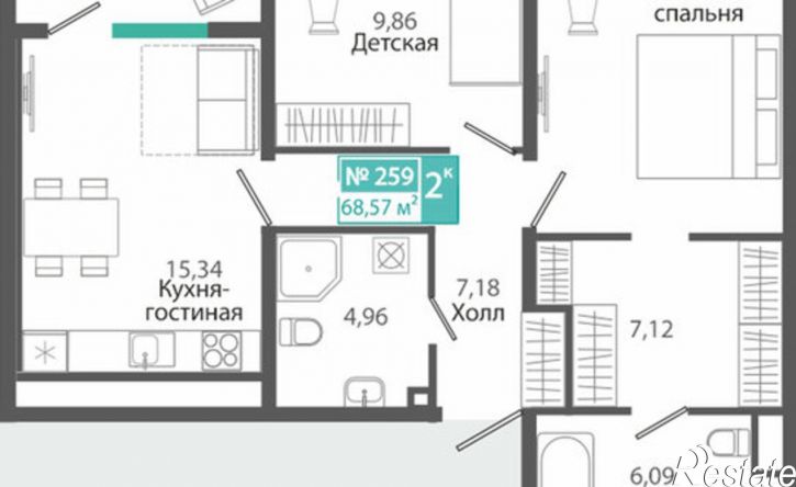 2-комн квартира в новом доме ЖК Розмарин