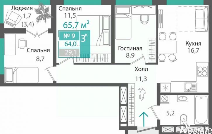 3-комн квартира в новом доме улица Андрея Карлова