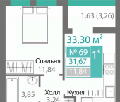 1-комн, 31 кв м, этаж 9/9 Киевский район