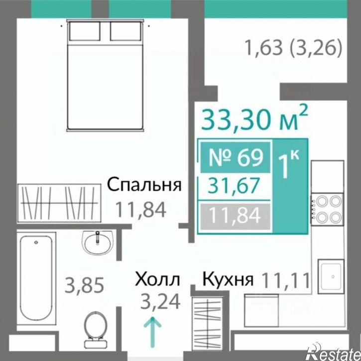 1-комн квартира в новом доме Киевский район
