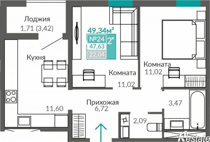 2-комн квартира в новом доме улица Святителя Гурия, 1