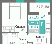 1-комн, 31 кв м, этаж 8/9 Киевский район