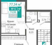 2-комн, 74 кв м, этаж 2/2 улица Виталия Чуркина