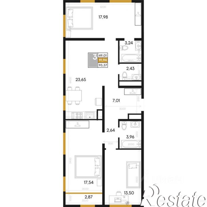 3-комн квартира в новом доме Севастопольская улица, 39,  д. 39
