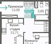 1-комн, 48 кв м, этаж 6/8 Киевский район